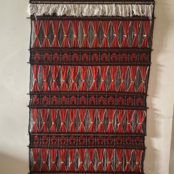 Vintage Mid-Century Mexican Red and Black Fiber Art Wall Hanging, Vintage Handwoven String Wall Art with Aztec Mayan God