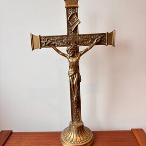 Vintage Solid Brass Crucafix Alter Cross, 16", Brass INRI Ornate Scrollwork Tabletop Stand Alone Crucafix