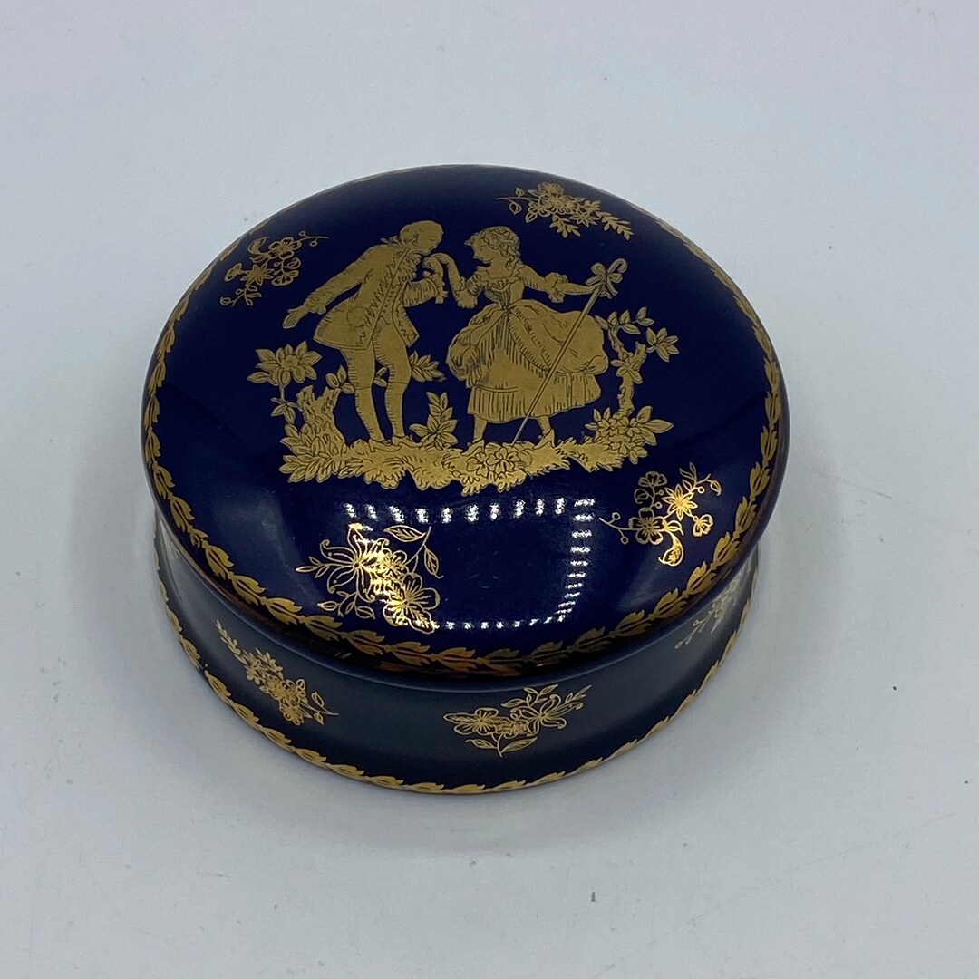 T. Limoges France Cobalt Blue and Gold Ceramic Lidded Round Trinket ...