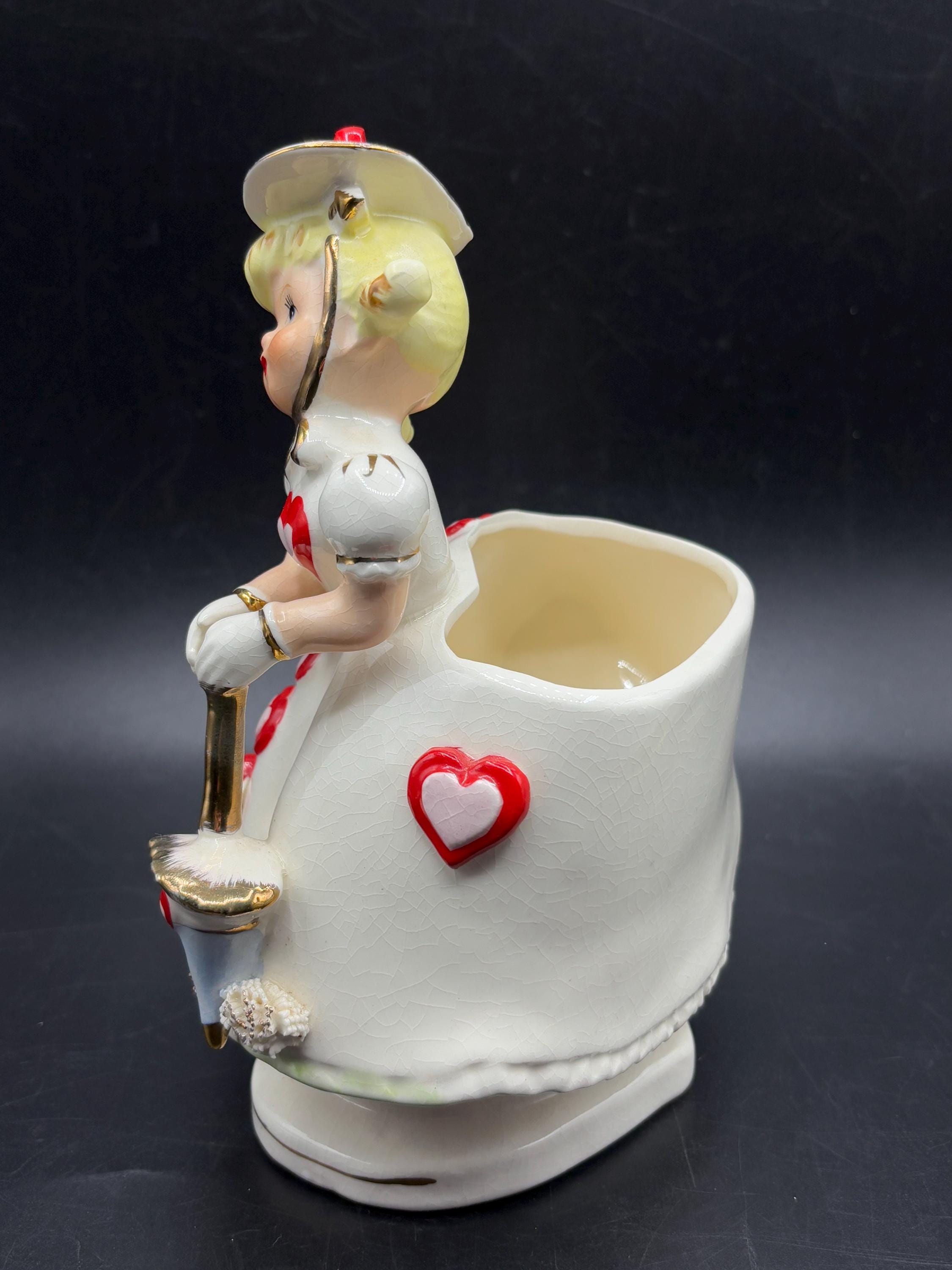 Vintage Relpo Valentines Lady Planter: Heart Dress, Parasol, Japan