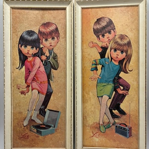 Vintage 1960's Lee Mod Big Eye Go Go Girl and Boy Dancing Framed