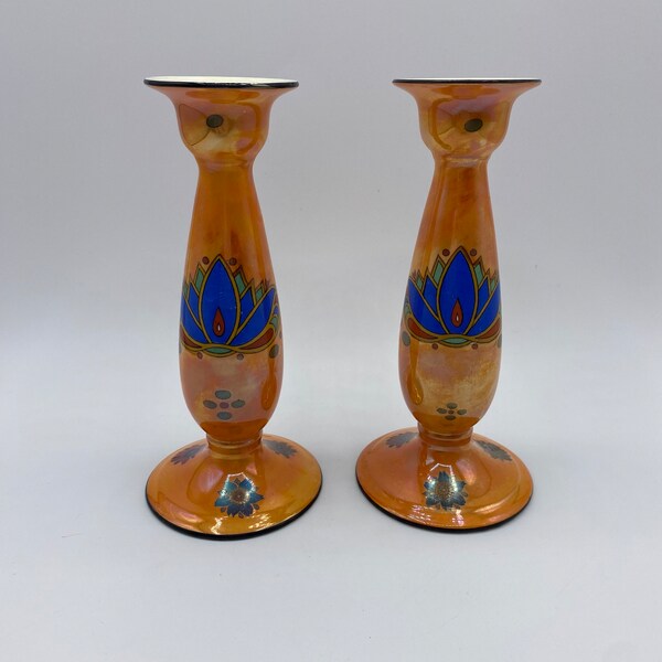 Vintage Crown Ducal Ware England Orange Lustreware Candle Stick Holders with Art Deco Blue Lotus Flower Design Set of 2