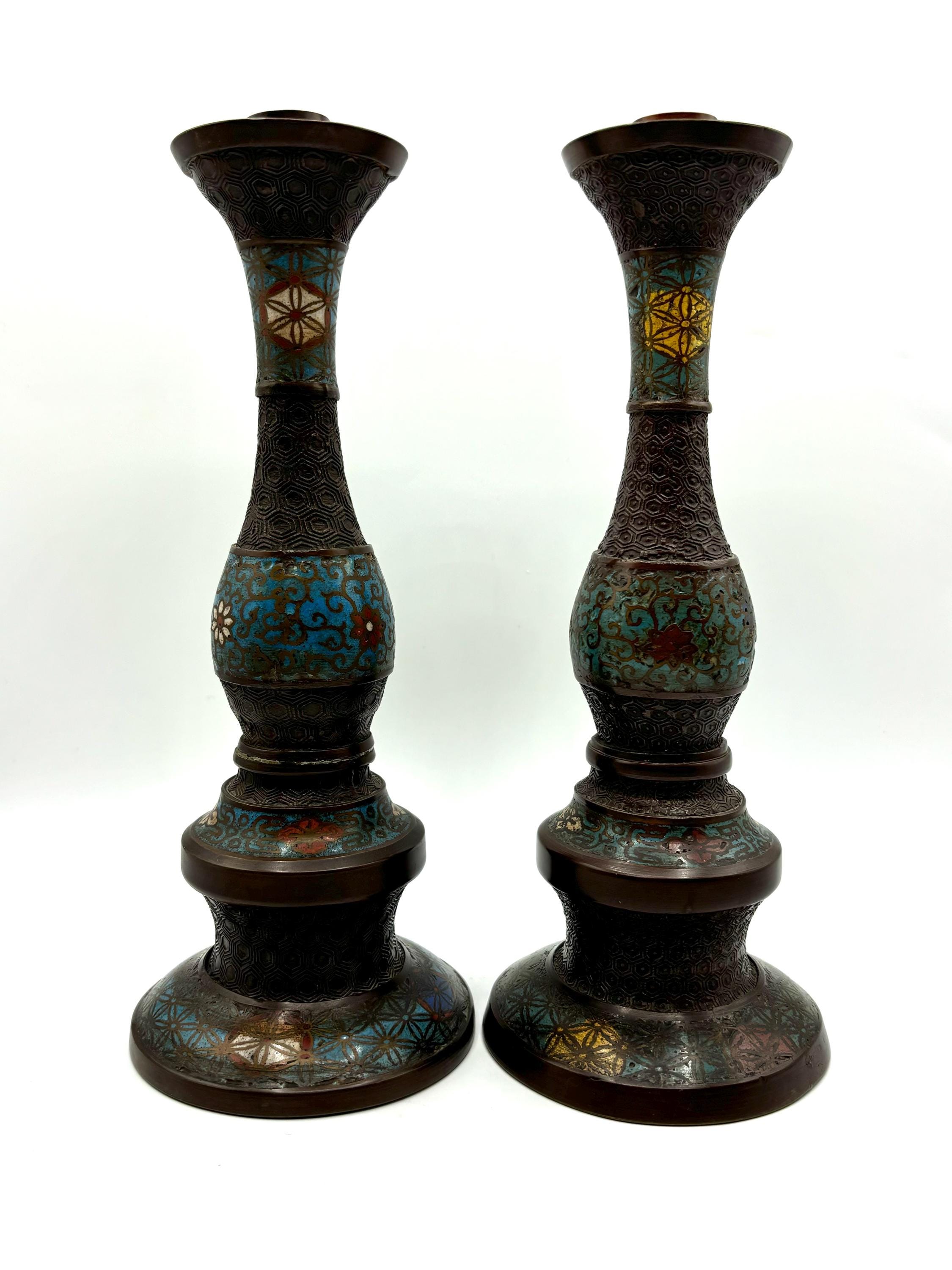 Vintage Japanese Champleve Enamel Bronze Candle Stick Holders, Japanese Cloisonne Candle Stick Holders