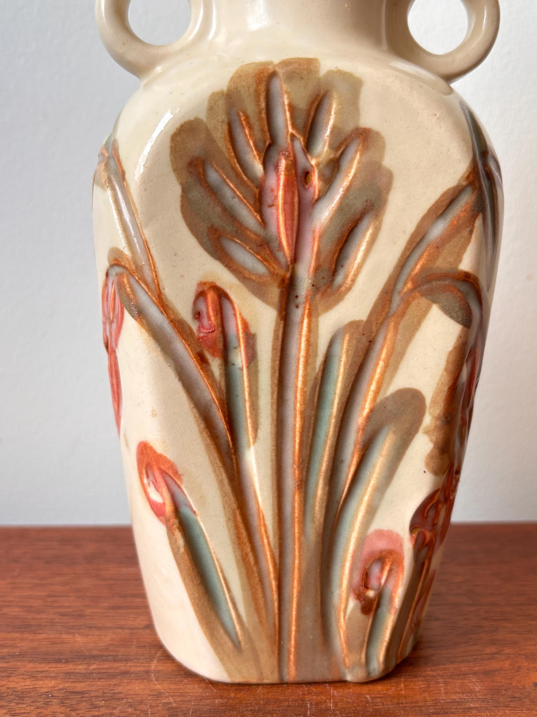 Vintage MCM Kad Yad Israeli Pottery Vase: Pink Floral Cream Decor