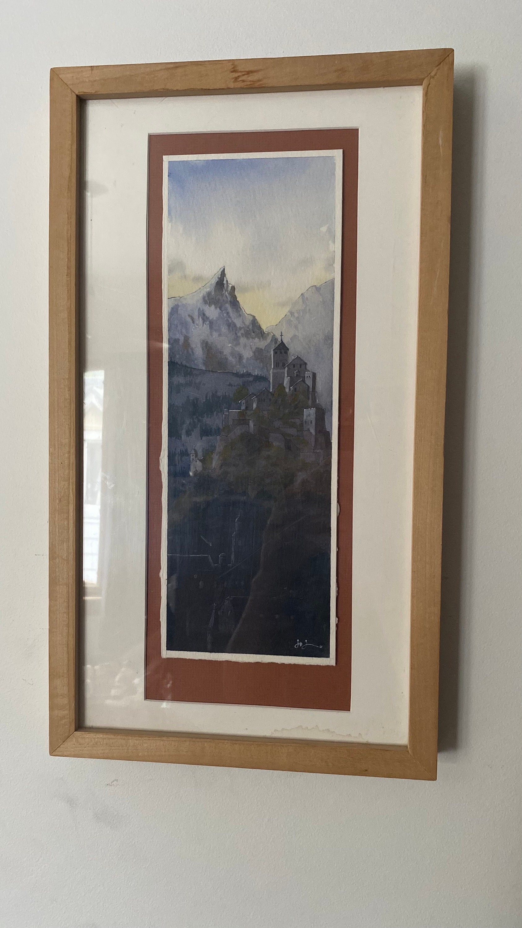 ヴィンテージ スイスアルプス 水彩画：署名入りヨーロッパ風景画