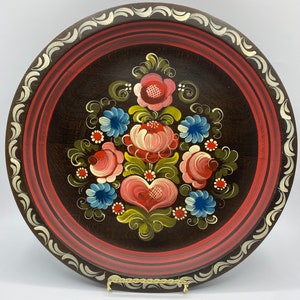 Vintage Hand Painted Folk Art Floral Wooden Wall Decor Plate