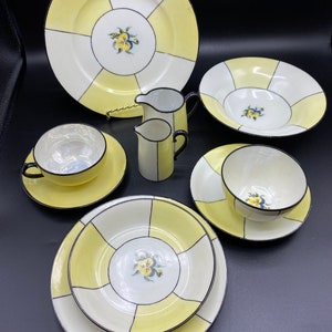 B & C Limoges France Hand-painted Yellow and Black Striped Design Tea Cup and Creamer Set 1920’s Limoges France Art Deco 10pc Lot (ING)