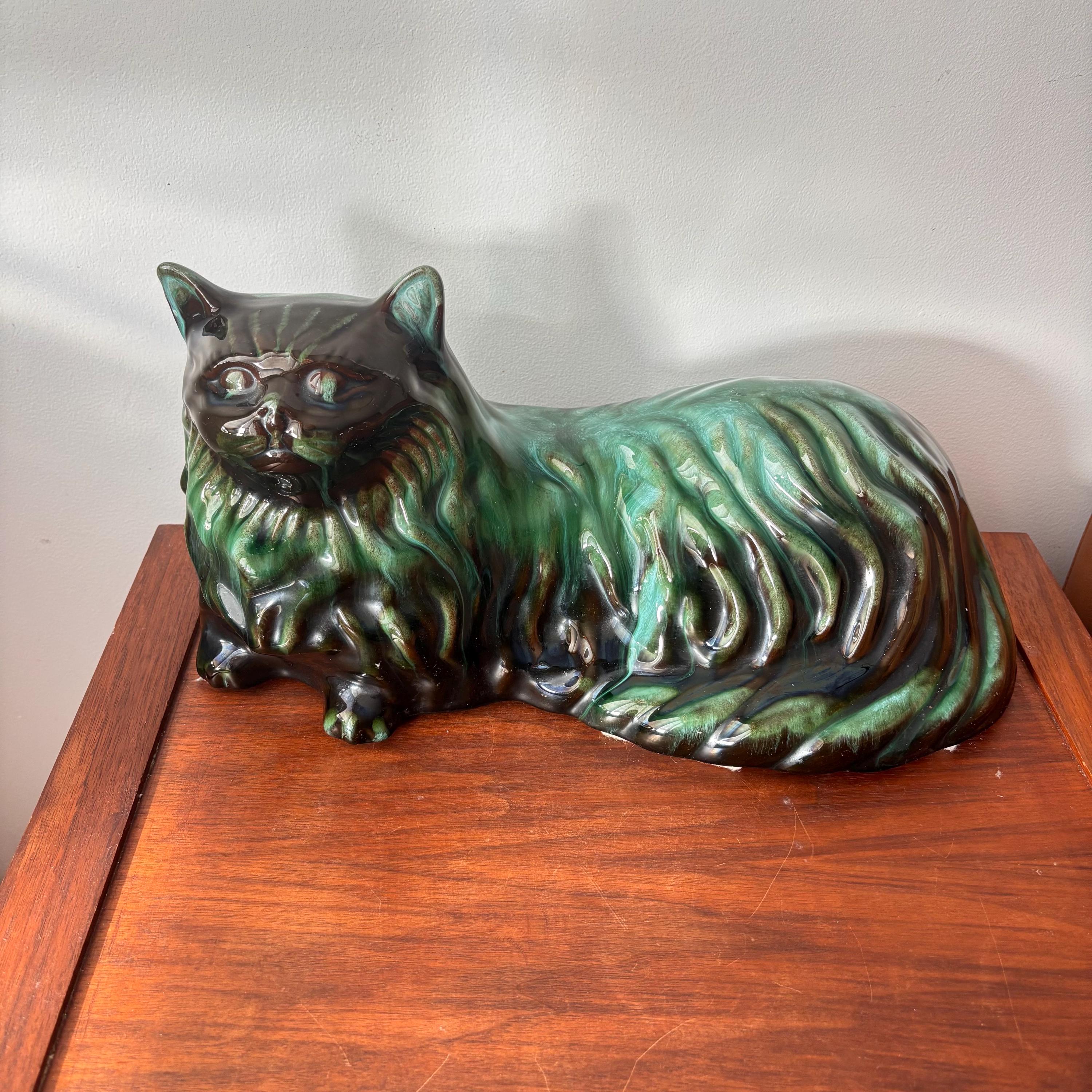 Vintage Blue Mountain Pottery Persian Cat: Green Drip Glaze MCM