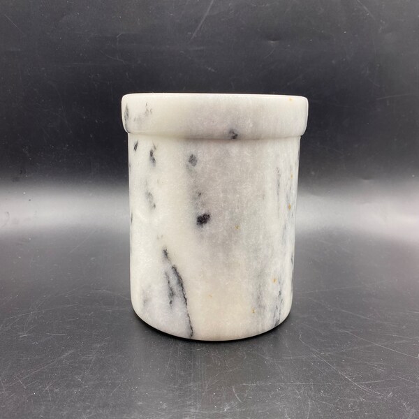 Vintage Onyx Natural Marble Stone Utensil Jar Holder, White Marble Stone Cylinder Vase Crock