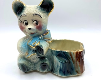 Mid-Century Kitsch Ceramic Teddy Bear Planter: 1950s American Bisque