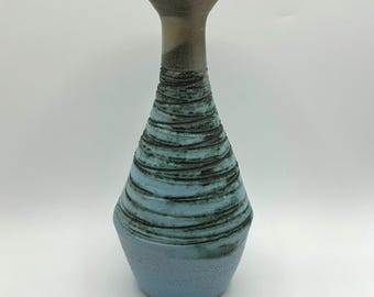 Kanadische Vintage Studio Keramik Steinzeug Blau Gewellt Design Lange Hals Vase