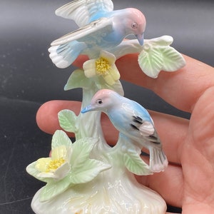 Vintage Ucagco Pink Blue Woodpecker Birds on Log Figurine Made in Japan