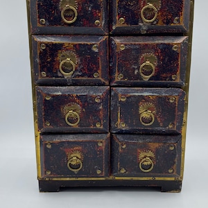 Antique Wood 8-Drawer Jewelry Dresser Box Chest with Brass Details, Jewelry Organization, Wood Apothecary Cabinet