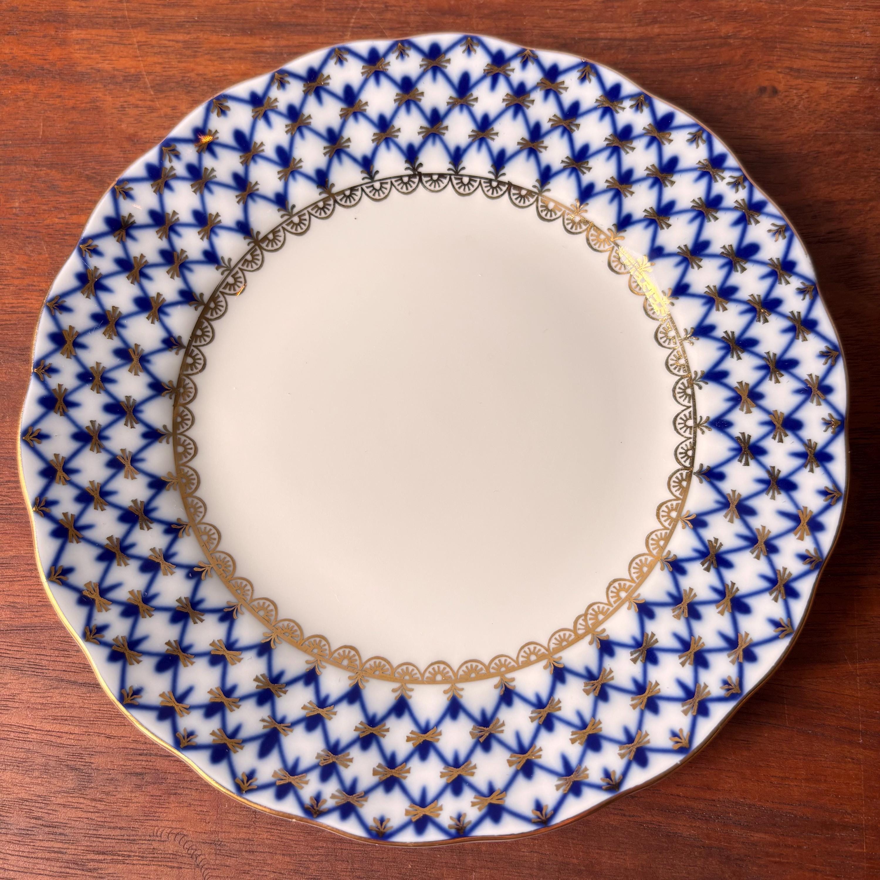 Vintage Lomonosov Imperial Porcelain Dessert Plate: Cobalt Net