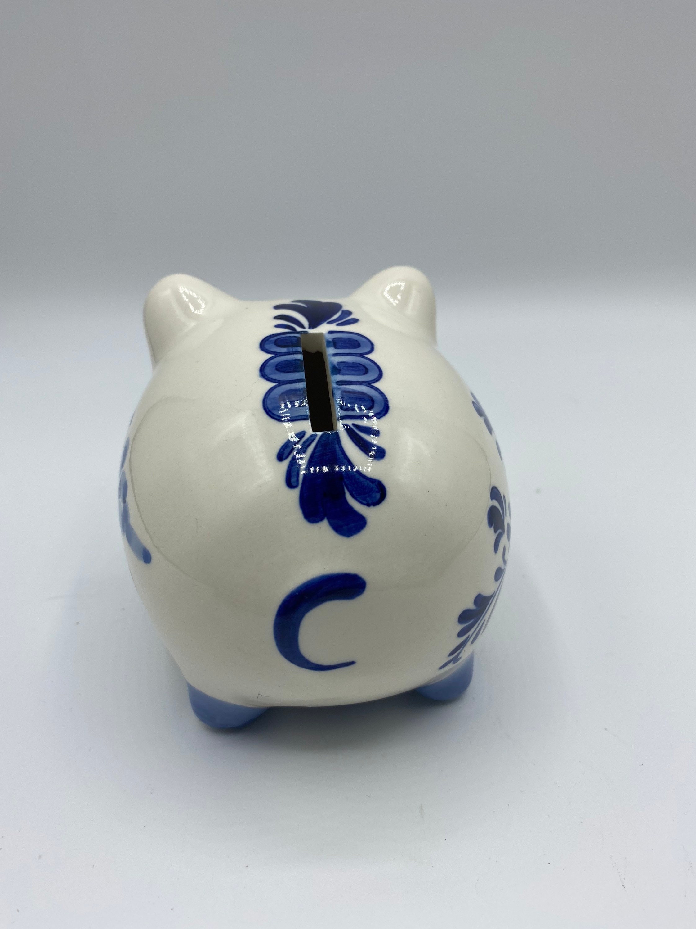 ヴィンテージハンドペイント デルフトブルー 豚貯金箱　ブルーホワイト　風車 花柄 ヴィンテージ ハンドペイント デルフトブルー 豚 貯金箱 ブルー