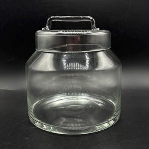 Contemporary Large Clear Blown Glass Cookie Lidded Jar, Round Lidded Glass Storage Jar, Minimalist Kitchen Decor 7”