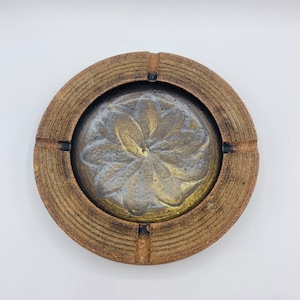Vintage Studio Art Pottery Brown and Cream Ashtray Trinket Bowl with Center Flower Design Signed Heavy!