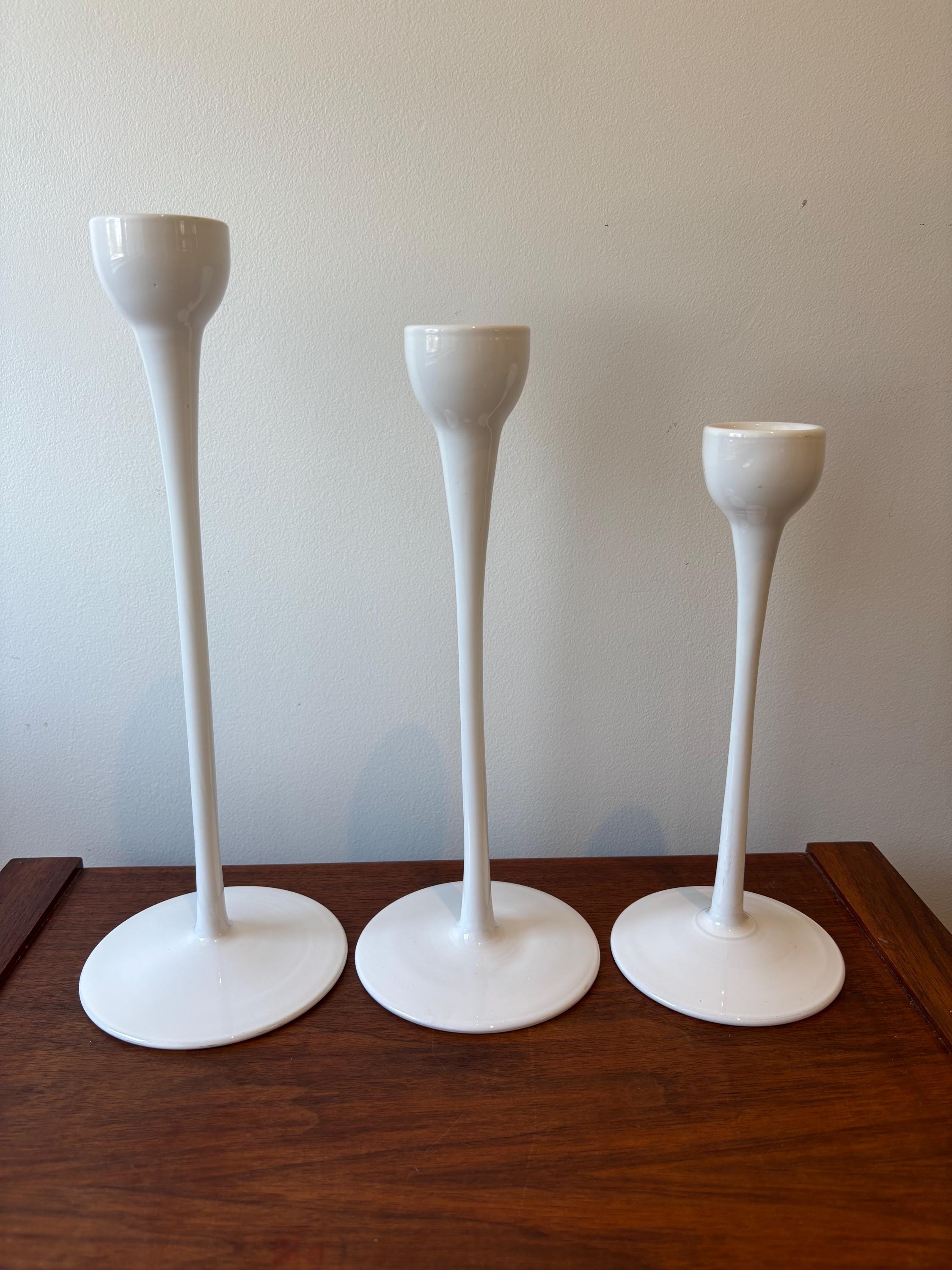 Vintage MCM IKEA Blomster White Glass Candlestick Holders - Set of 3