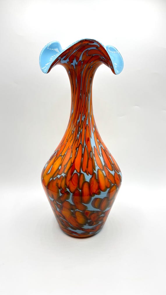 Czech Art Glass Vase: Orange Blue Confetti With Ruffle Edge (13.5