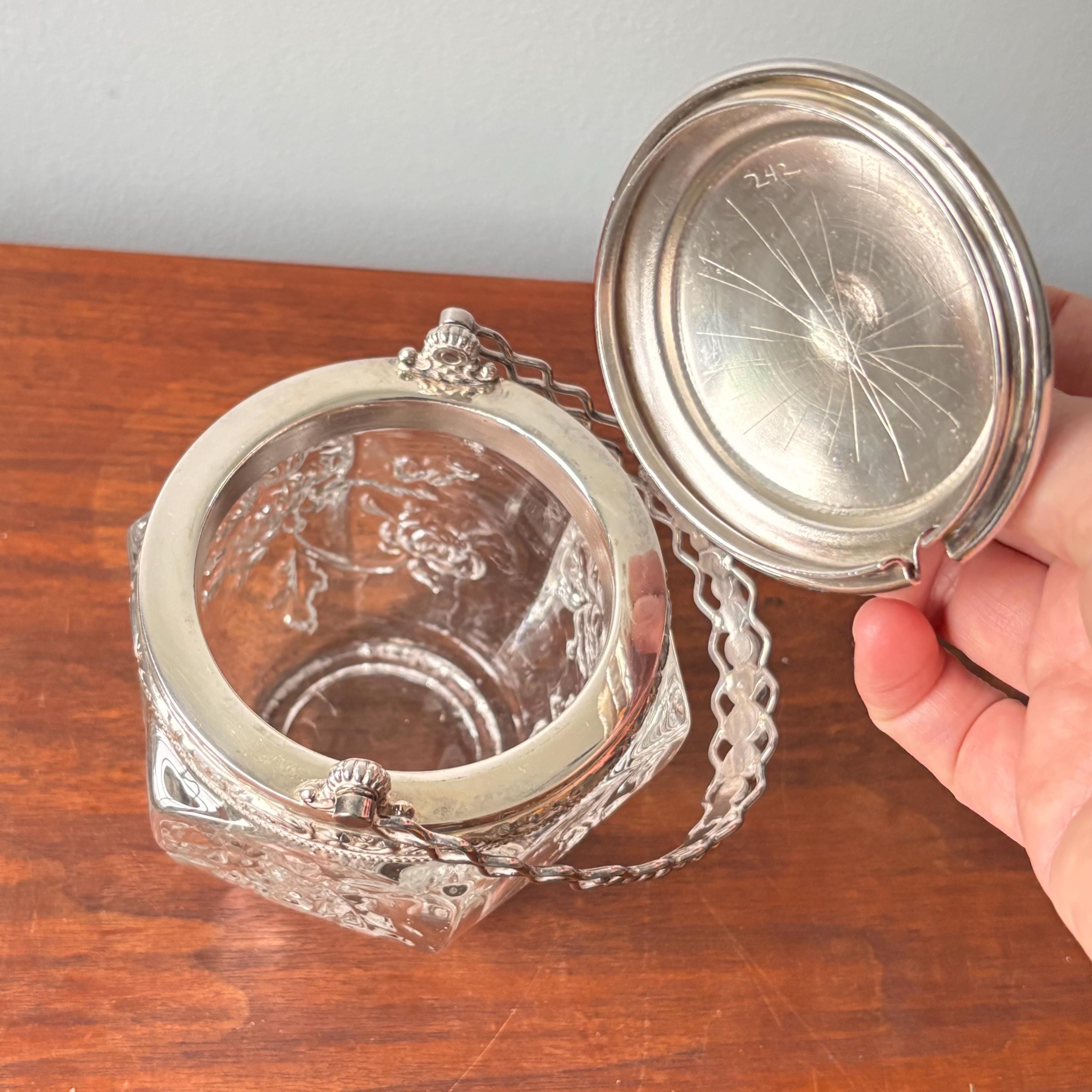 ヴィンテージ ルイ16世スタイルの銀メッキガラスジャム瓶、ハンドルと