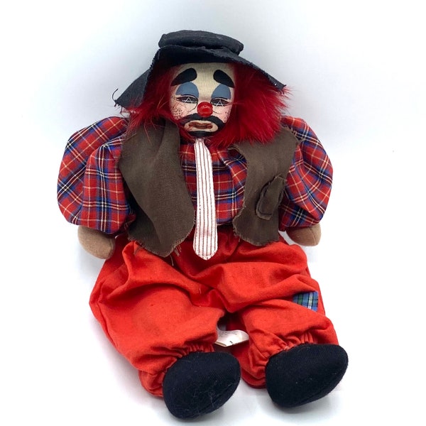 Vintage Q-Tee Hobo Clown Sand Doll with Black Hat, Vest Red Pants Oufit and Red Hair Hand Painted and Hand Made in Thailand