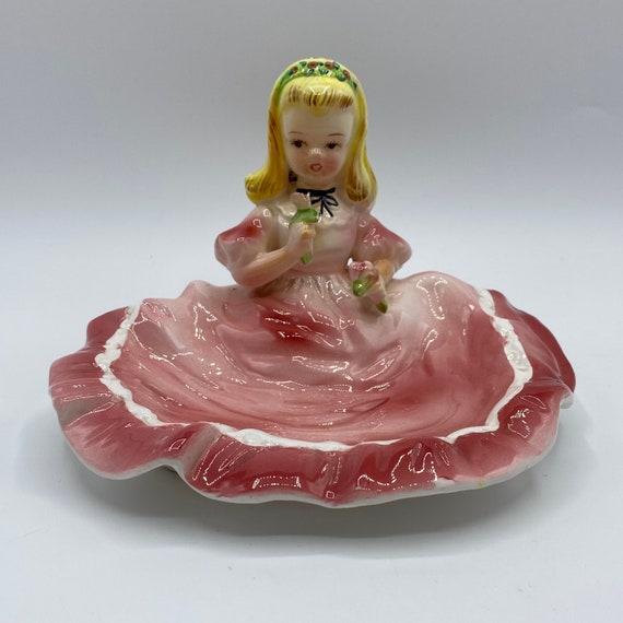 Vintage Arnart Japan Victorian Lady Trinket Dish: Pink Dress, 1950s Decor
