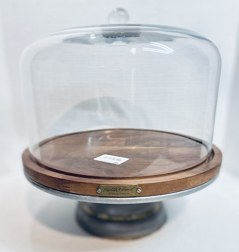 Magnolia hearth hand cake stand glass covered wooden farmhouse kitchen table dec online