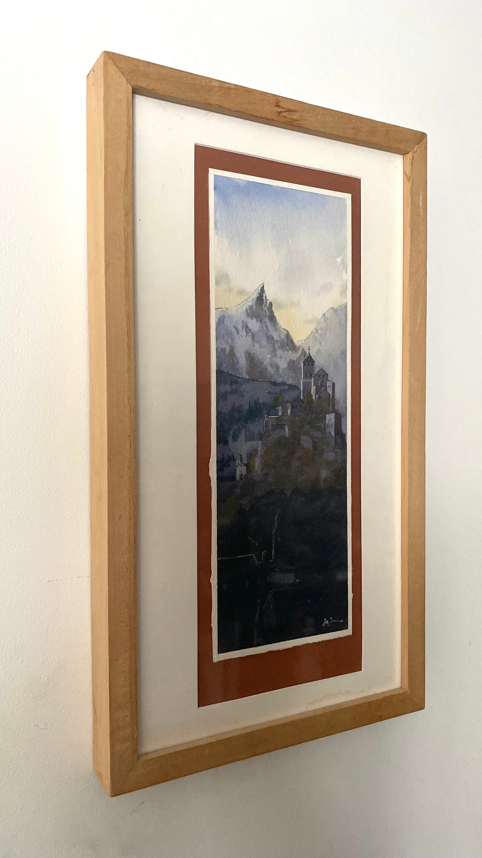 1946年 水彩画 アルプス風景 額装 ドイツ　ヴィンテージ ヴィンテージ スイスアルプス 水彩画：署名入りヨーロッパ風景画