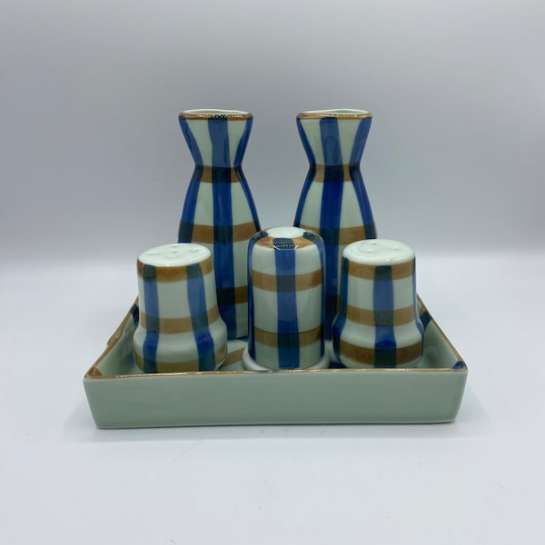 Vintage Ceramic Blue and Teal Plaid Condiment Breakfast Set