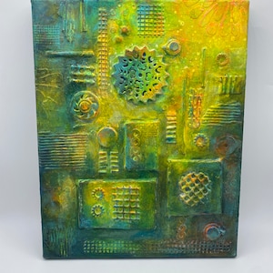 Original Mixed Media Artwork Judy Kalina “Garden Layout”, Colourful Industrial 3-Dimensional Cogs & Knobs