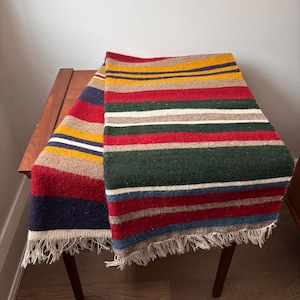 May include: A colorful, striped woven blanket with a fringed edge. The blanket features horizontal stripes in red, yellow, green, blue, and white. The blanket is draped over a wooden table.