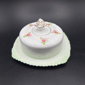 Royal Stafford Pink & Green Round Butter/Cheese Dish on Square Plate Bone China