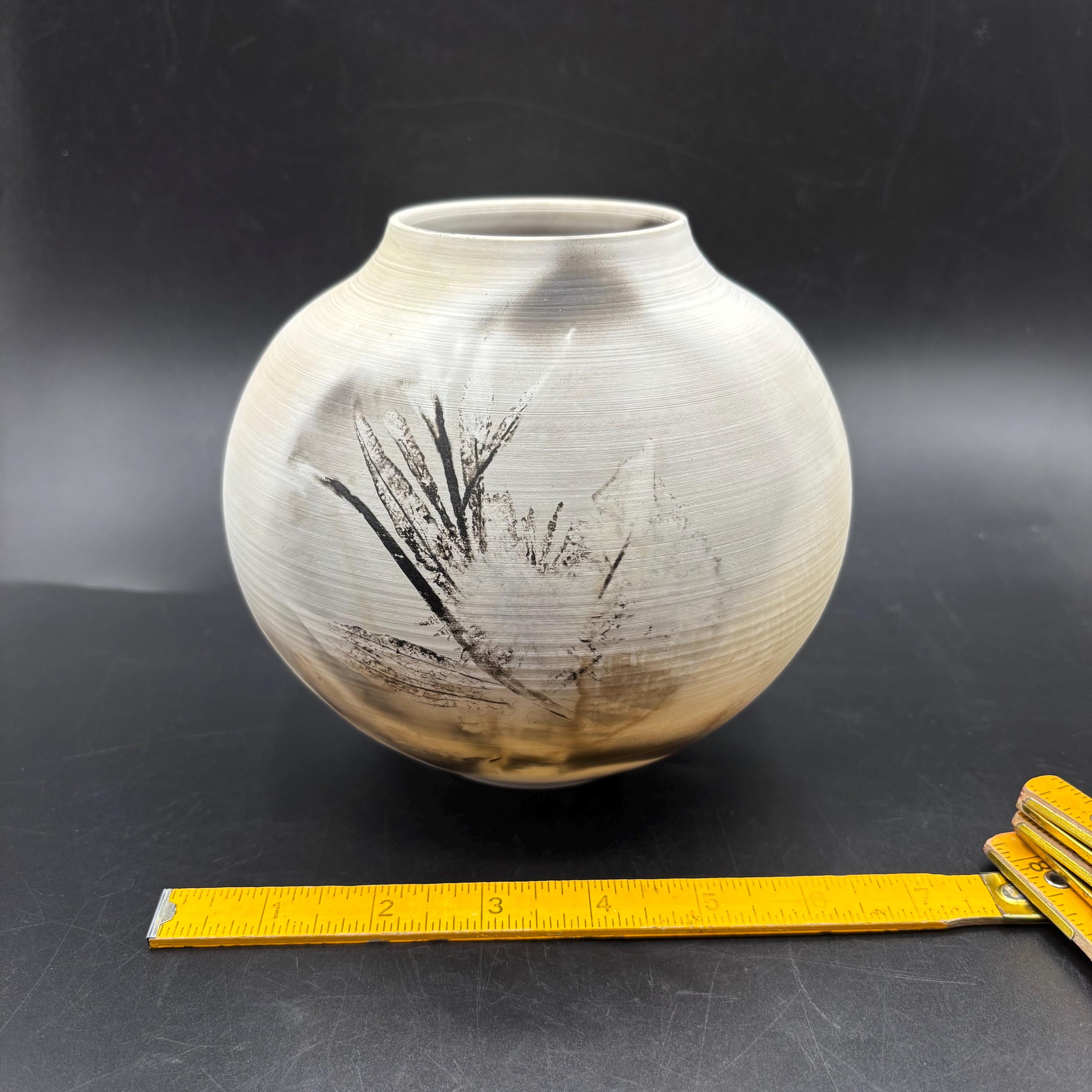 Vintage Naked Raku Pottery Vase, Pressed Flower Design, Signed N
