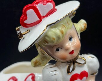 Vintage Relpo Valentines Lady Planter: Heart Dress, Parasol, Japan