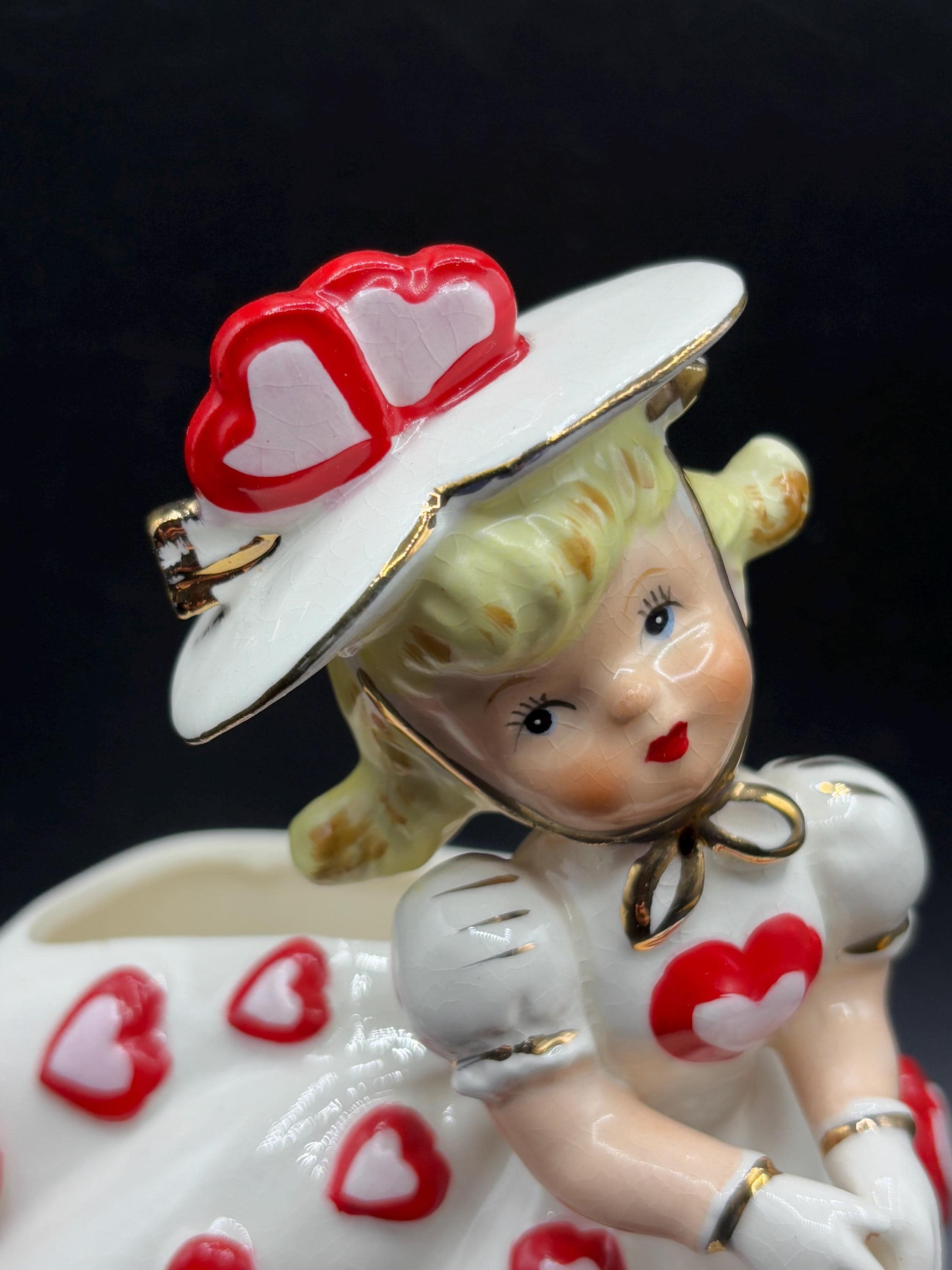 Vintage Relpo Valentines Lady Planter: Heart Dress, Parasol, Japan