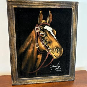 Vintage Velvet Painted Horse Wall Artwork Artist Signed, MCM Velvet Paintings, Original Horse Wall Decor