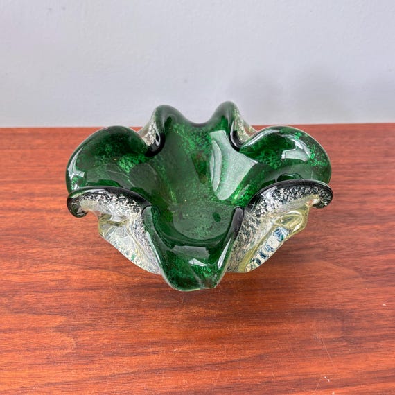 Vintage Murano Green Art Glass Bowl Ashtray Silver Aventurine