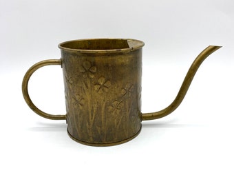 Vintage Brass Repousse Flower Watering Can, Made in Holland, Smaller MCM Watering Can with Raised Relief Floral Design