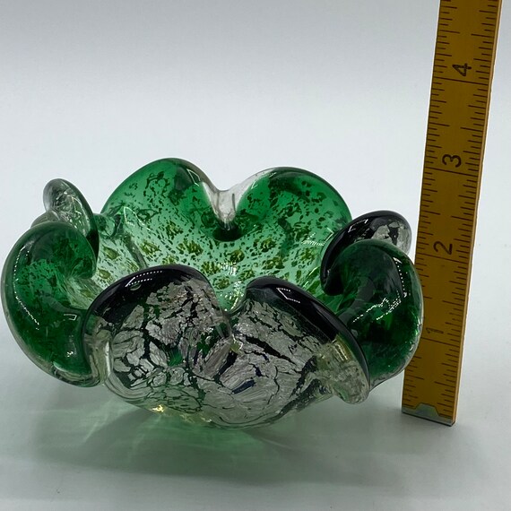 Vintage Murano Green Art Glass Bowl Ashtray: Silver Aventurine