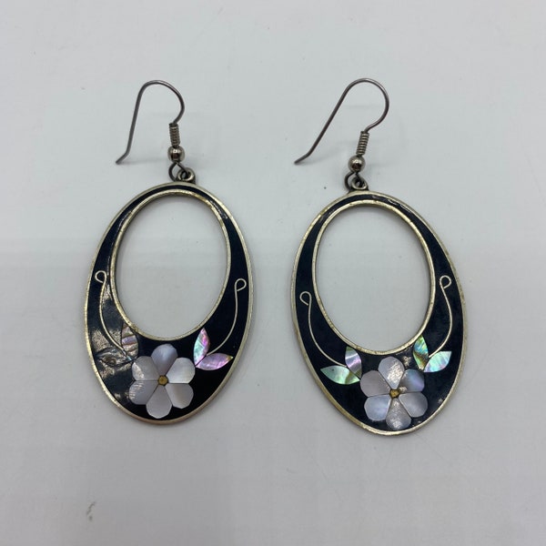 Vintage Natural Abalone and Onyx Sterling Silver Floral Drop Earrings, Mexican Abalone and Onyx Alpaca Mexico Silver Earrings