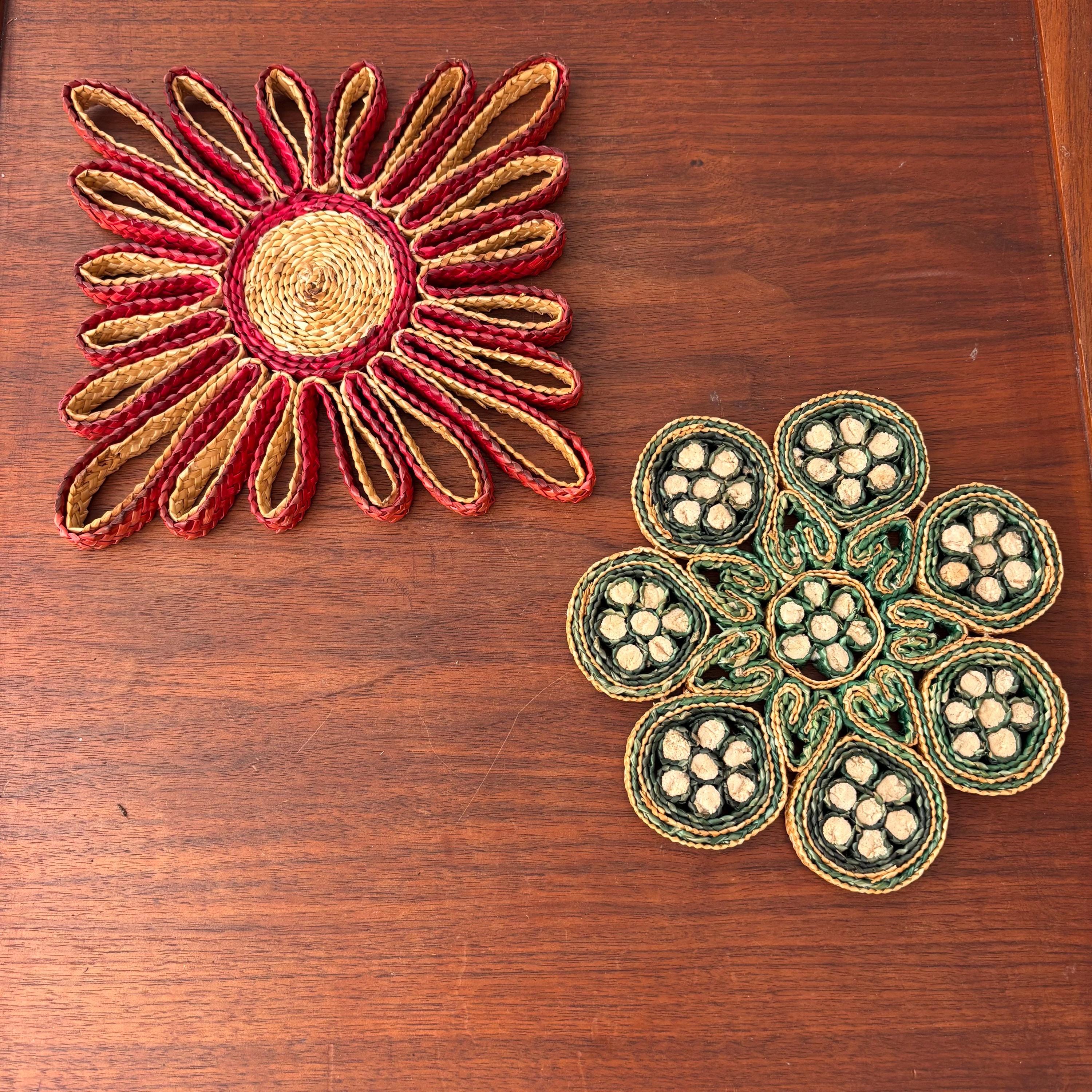 Vintage Colourful Woven Floral Grass Trivet, Vintage Funky Pot