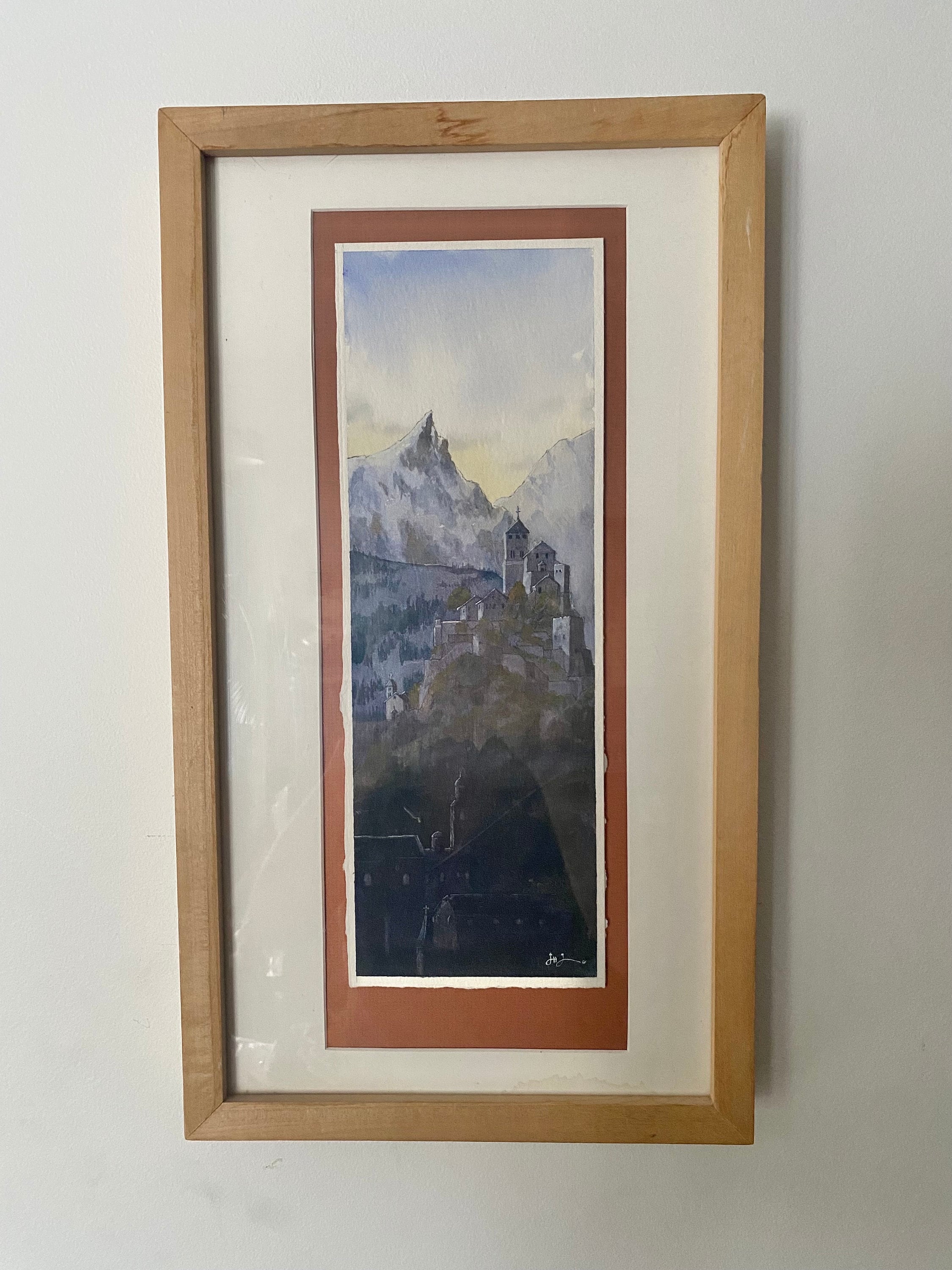 ヴィンテージ スイスアルプス 水彩画：署名入りヨーロッパ風景画