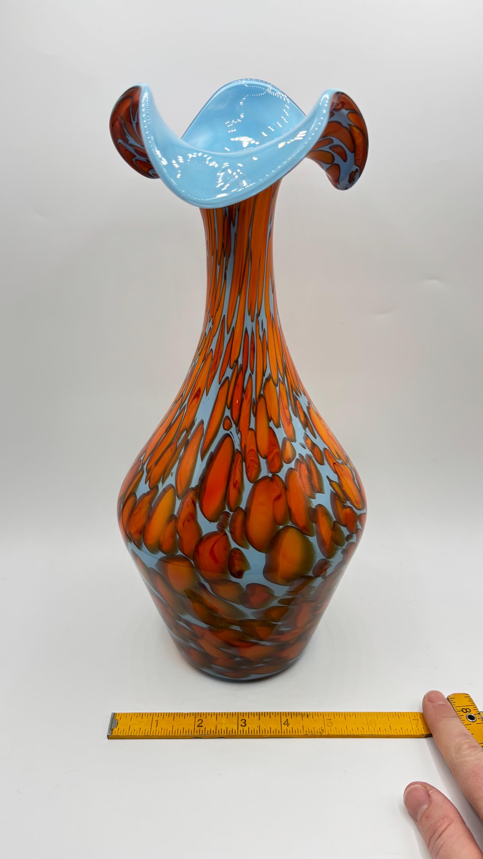 Czech Art Glass Vase: Orange Blue Confetti With Ruffle Edge (13.5