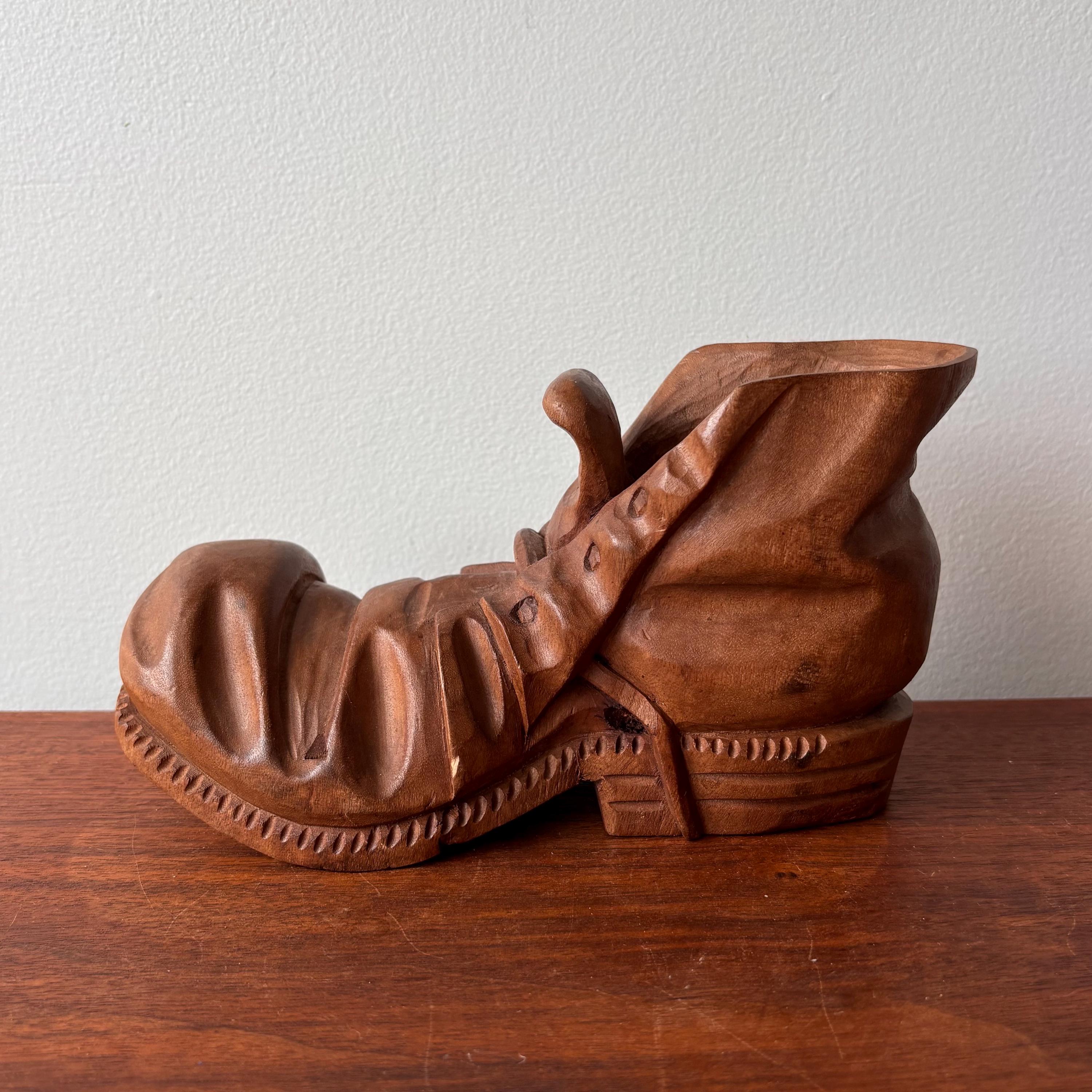 Vintage Hand Carved Wooden Shoe Old Boot Sculpture, Folk Art Carved Wood Boot