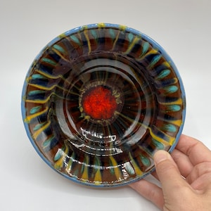 Vintage Handpainted Hungarian Folk Art Pottery Plate: Red Center Drip Glaze, Signed