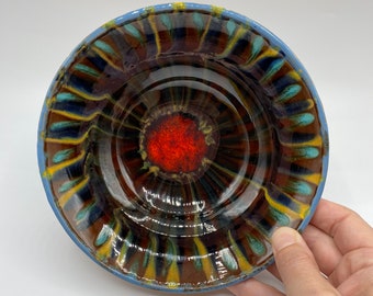 Vintage Handpainted Hungarian Folk Art Pottery Plate: Red Center Drip Glaze, Signed