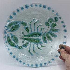 Round Art Glass Blue Lobster Plate, Fused Glass, Blue Lopster Fused Glass Plate