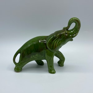 MCM Green Glaze Ceramic Lucky Elephant with Trunk Raised Figurine