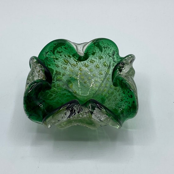 Vintage Murano Green Art Glass Bowl Ashtray: Silver Aventurine