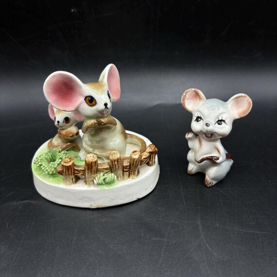 ヴィンテージ陶器製キッチュな大きな耳のネズミの置物 日本製 2個